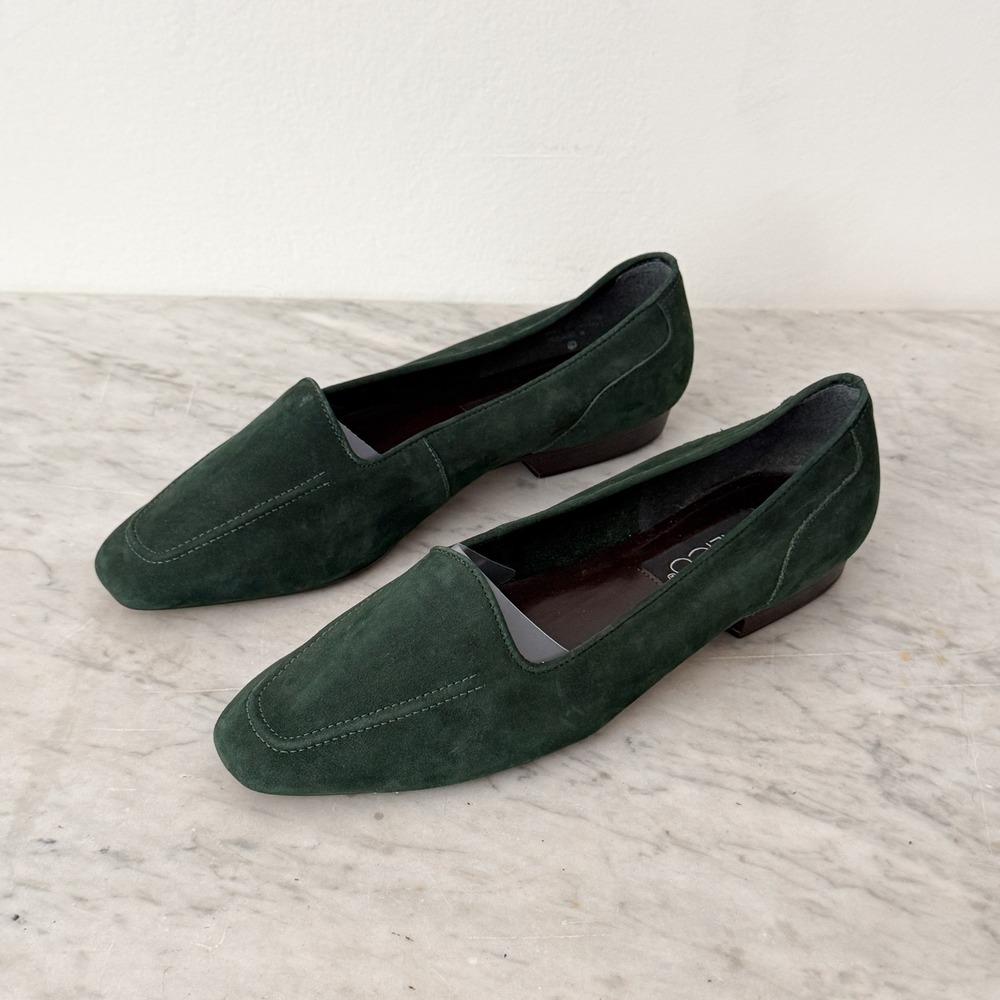 Calico Suede Loafers Forest Green Minimalist Slip On Flats 9.5M Almond Toe